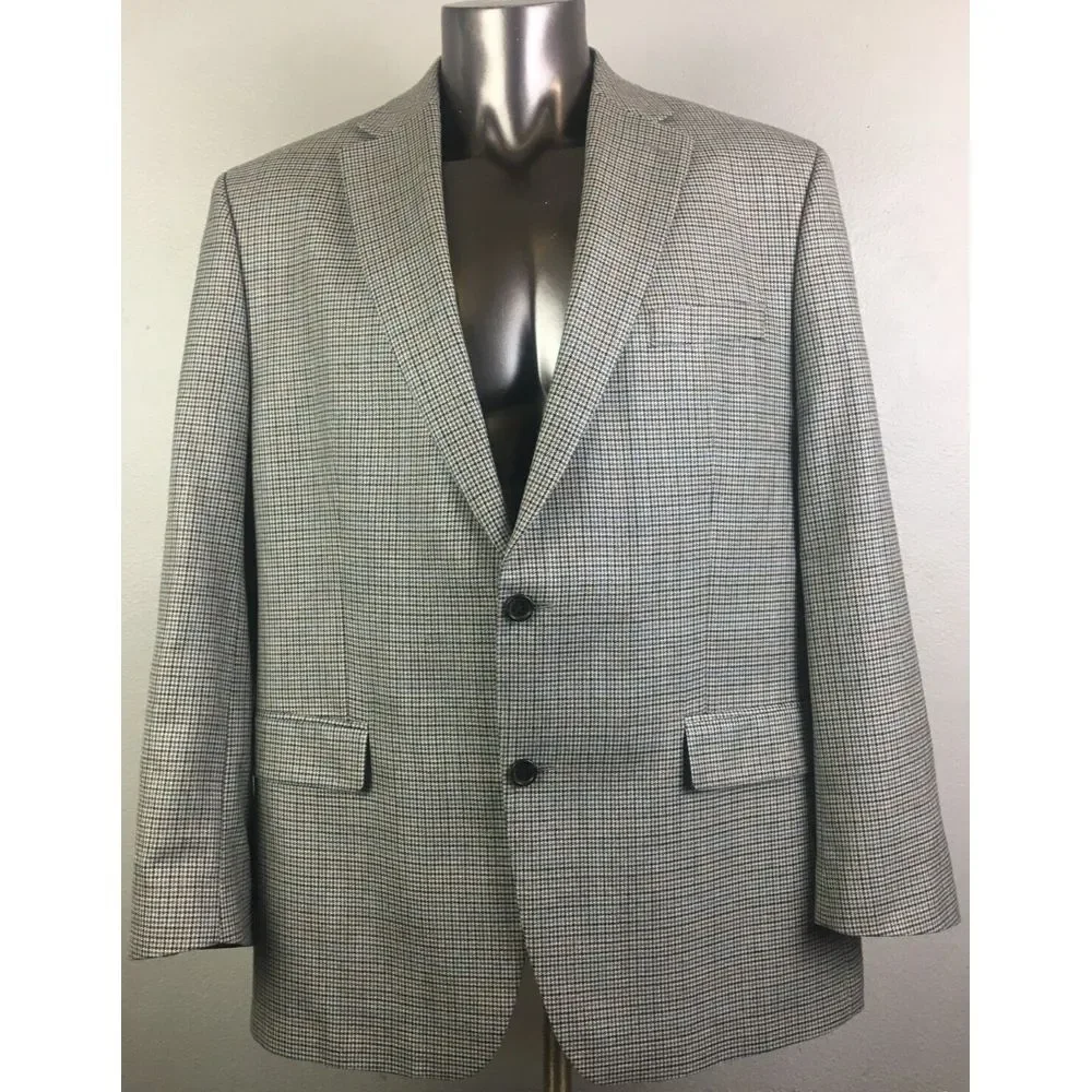 Mens Ralph Lauren Gray Houndstooth Jacket‎ 2 Button Size 46 R Silk Wool Blend